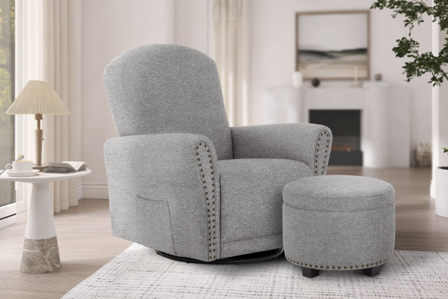 Vienna Swivel Glider w/Storage Ottoman/Nail-head Trim