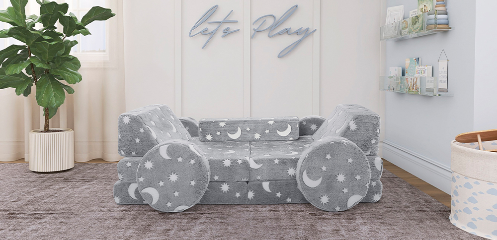 buybuy Baby by Evolur Lunox Kids Sofa in Grey Unique Glow in The Dark Feature Navy